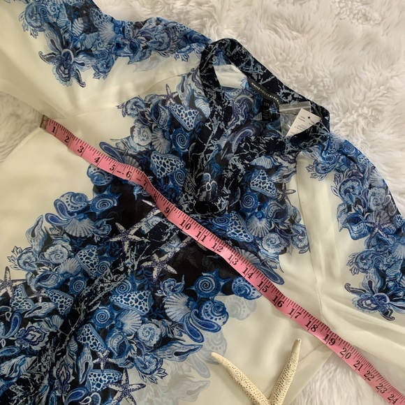 WHBM 100% poly sheer blue Seashell design Sheer button up blouse NWT siz… - Picture 5 of 11